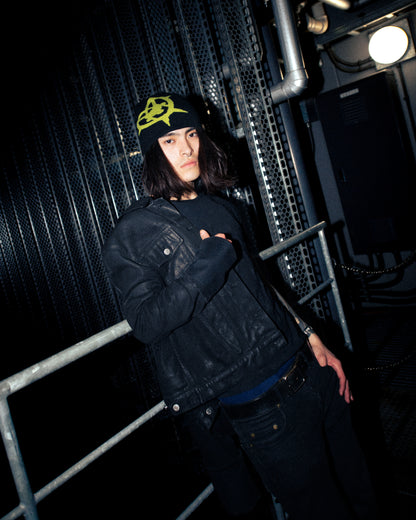 black/green spike heart beanie